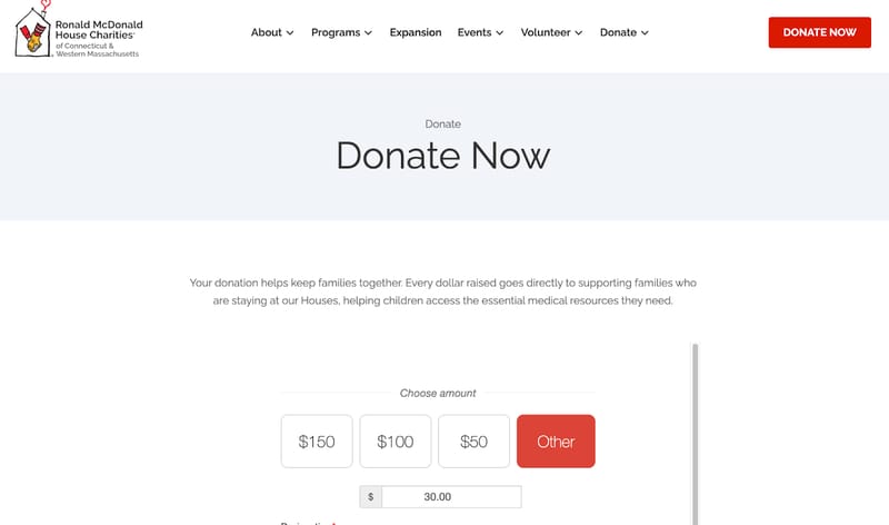 screenshot of the donation page of the Connecticut and Western Massachusetts chapter of the Ronald McDonald House Charities