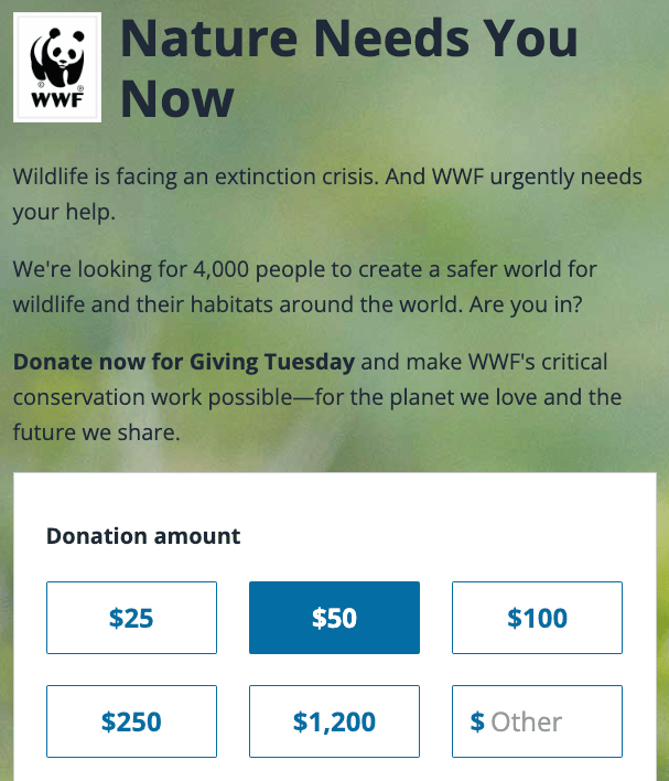 screenshot of the donation form of the World Wildlife Foundation's website