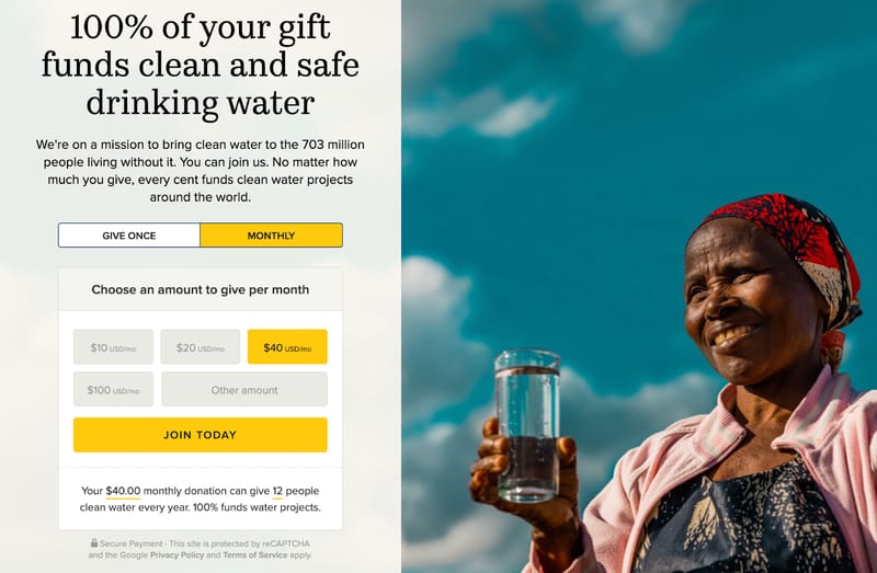 screenshot of Charity: Water's donation form from 2024