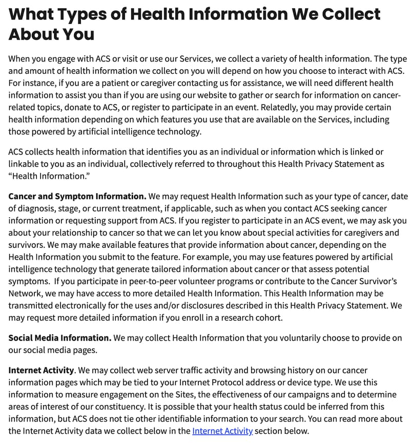 screenshot of the health information section of nonprofit organization American Cancer Society's privacy policy