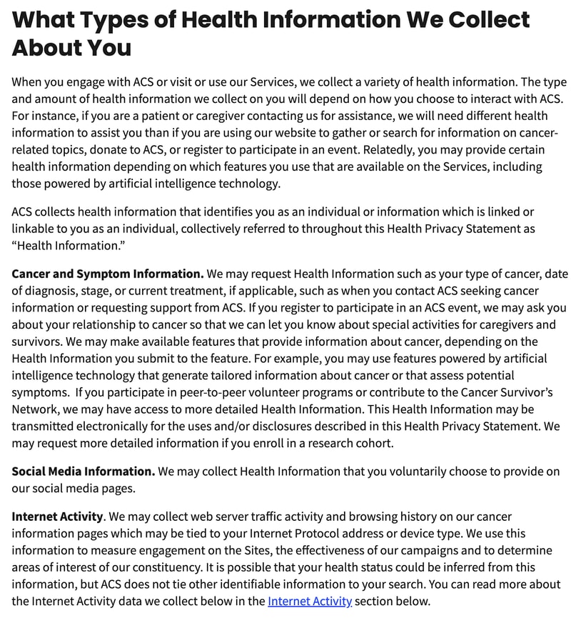 screenshot of the health information section of nonprofit organization American Cancer Society's privacy policy