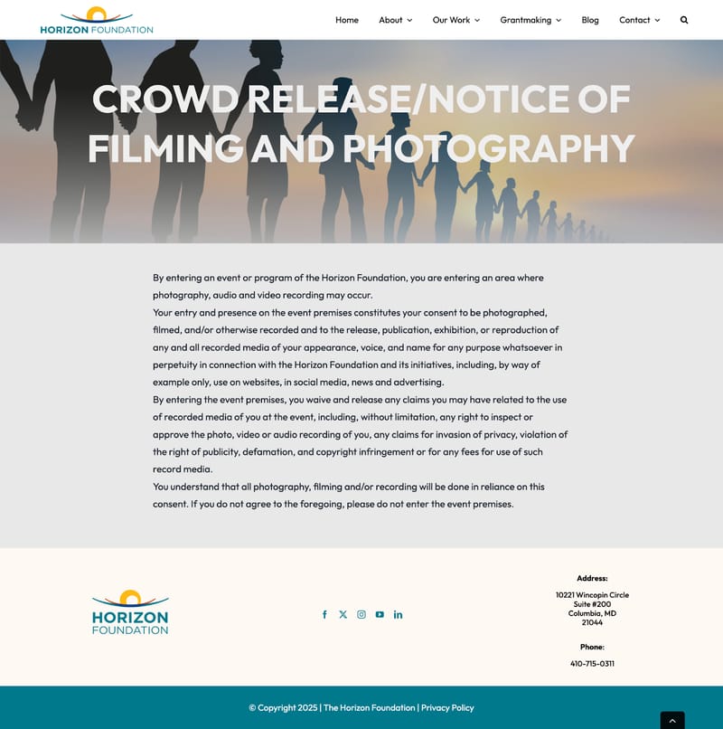 screenshot of nonprofit organization Horizon Foundation's crowd release consent notice