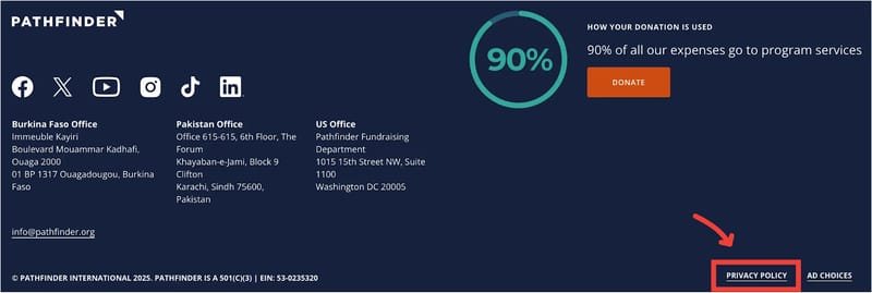 screenshot of nonprofit organization Pathfinder's website footer showing their privacy policy link