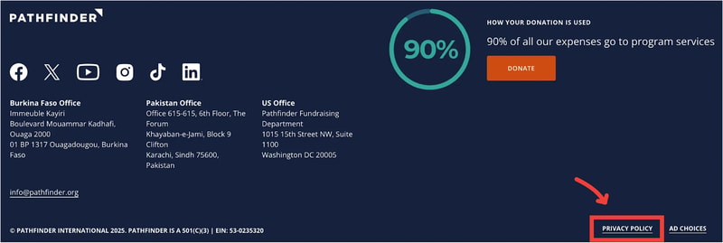 screenshot of nonprofit organization Pathfinder's website footer showing their privacy policy link