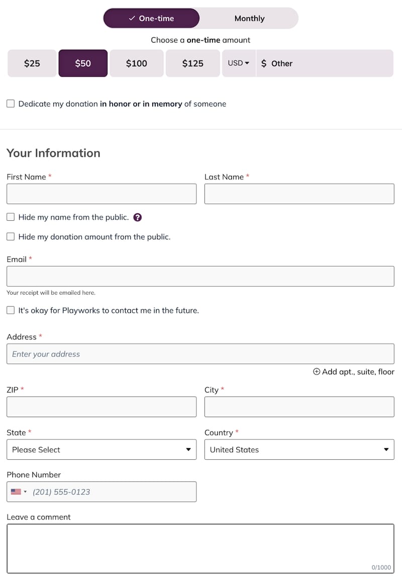 screenshot of nonprofit organization Playworks' donation form