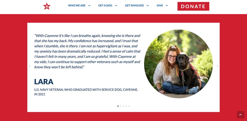 screenshot of a testimonial features on the homepage of Freedom Service Dogs of America