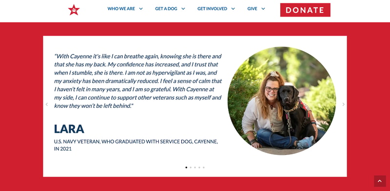 screenshot of a testimonial features on the homepage of Freedom Service Dogs of America
