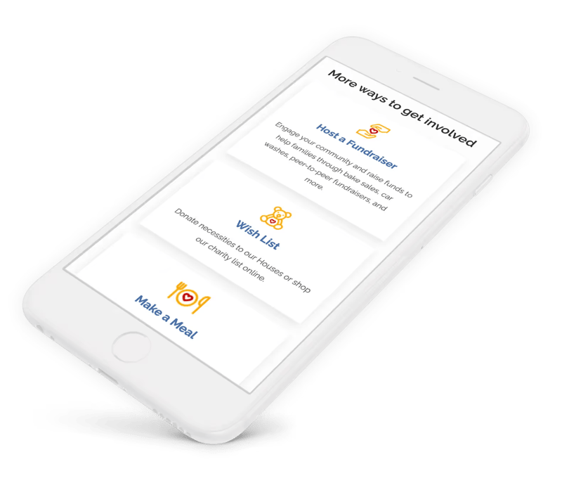 rendering of a mobile device showing the redesigned website involvement page of Ronald McDonald House Charities