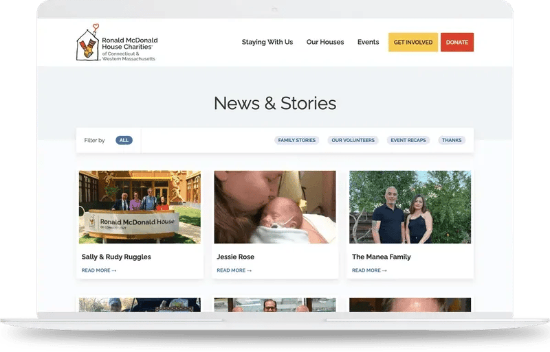 screenshot of the News & Stories page of Ronald McDonald House Charities' redesigned website