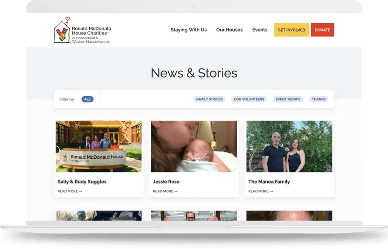 screenshot of the News & Stories page of Ronald McDonald House Charities' redesigned website