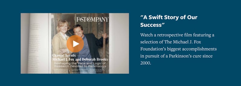 screenshot of a video of The Michael J. Fox Foundation's biggest accomplishments on the nonprofit's website