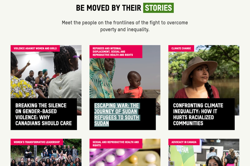screenshot of beneficiary stories on nonprofit website Oxfam Canada