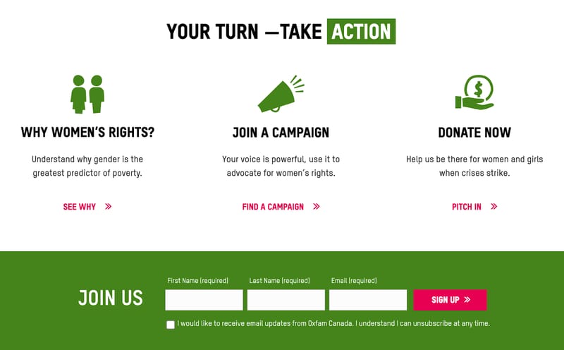 screenshot of different ways to take action on nonprofit website for Oxfam Canada