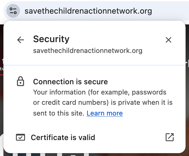 screenshot showing nonprofit website Save the Children's secure network connection