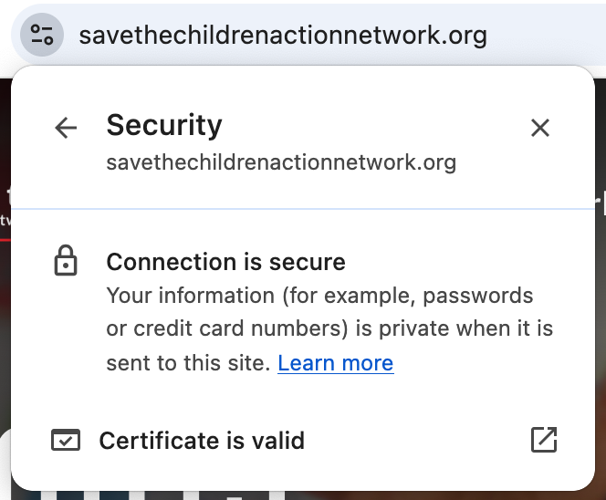 screenshot showing nonprofit website Save the Children's secure network connection