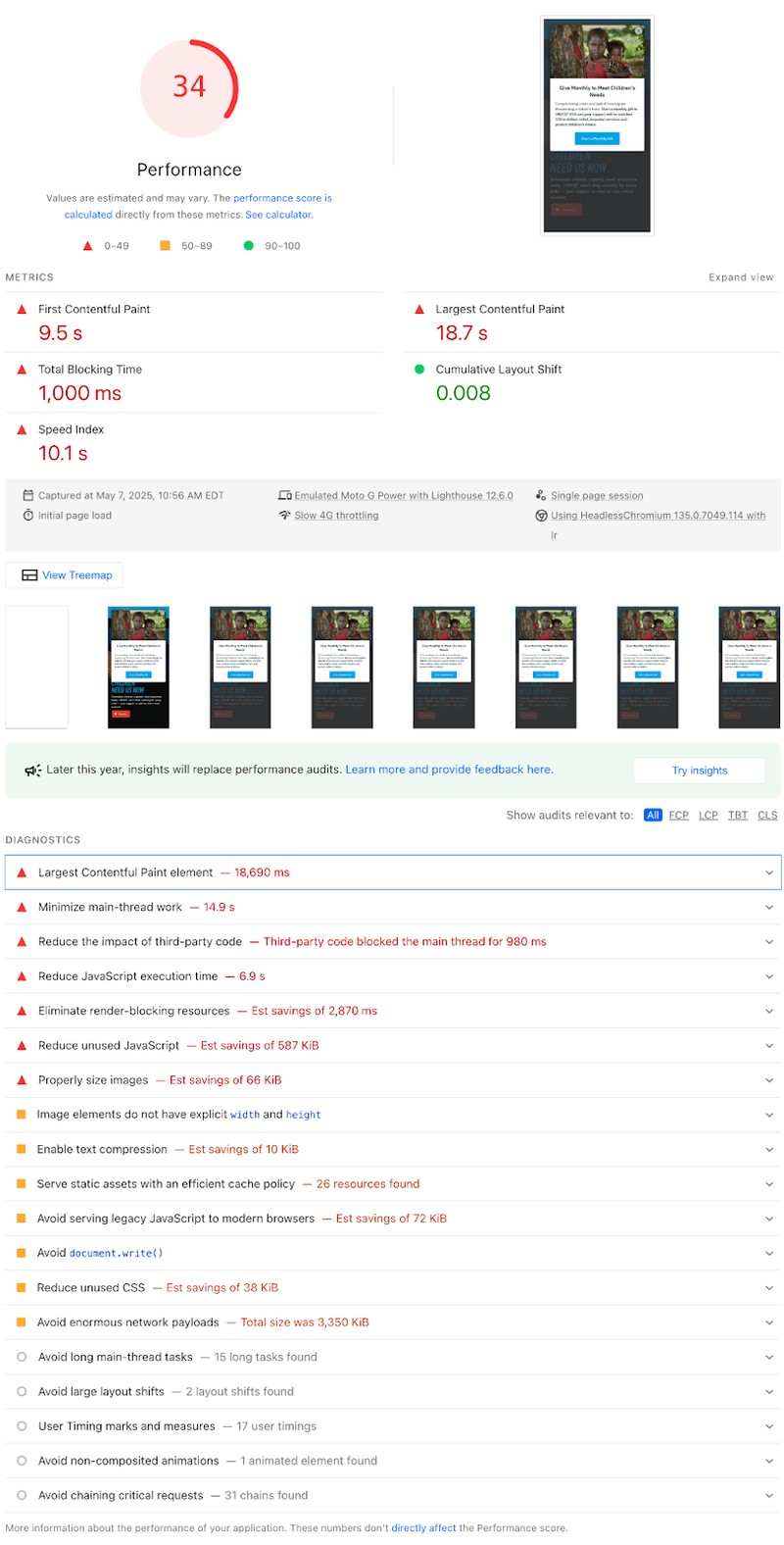 screenshot of Unicef USA's performance score metrics and diagnostics on Google PageSpeed Insights