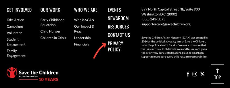 screenshot of Save the Children's nonprofit website footer