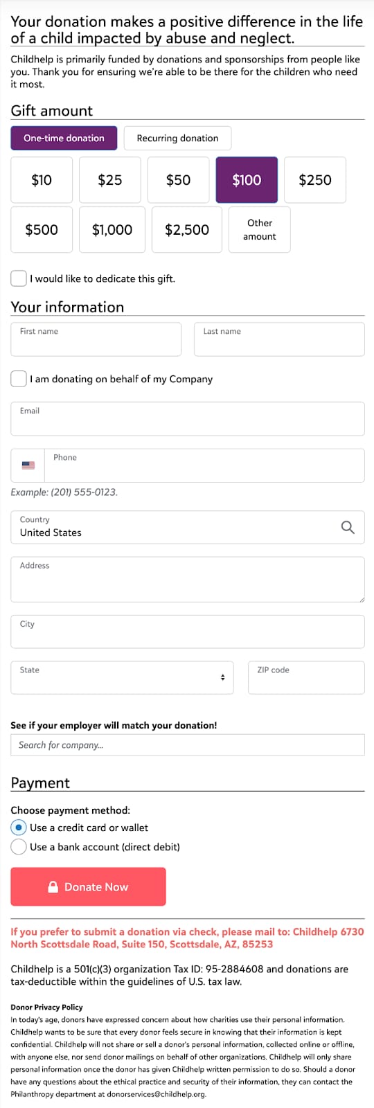 screenshot of nonprofit Childhelp's donation form
