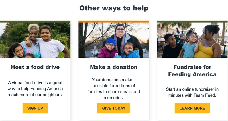 screenshot of ways to help on nonprofit Feeding America's volunteer website page