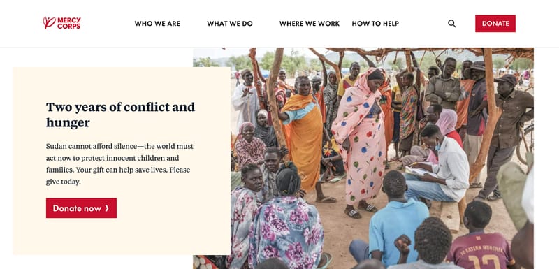 screenshot of nonprofit organization Mercy Corps' website homepage