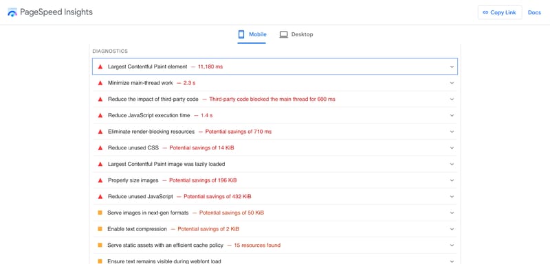 screenshot of the "performance" diagnostics for Habitat for Humanity's homepage in Google PageSpeed Insights