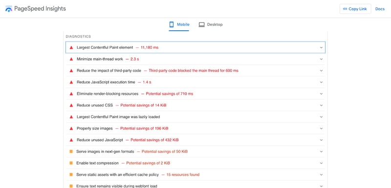 screenshot of the "performance" diagnostics for Habitat for Humanity's homepage in Google PageSpeed Insights