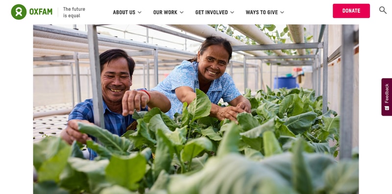 image from Oxfam America showing two smiling individuals growing vegetables in an aquaponics greenhouse