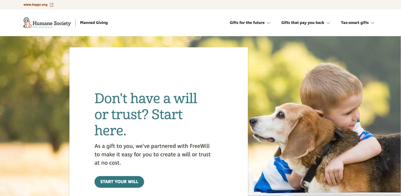 screenshot of the hero message on the Humane Society of Pikes Park Region's charitable giving microsite