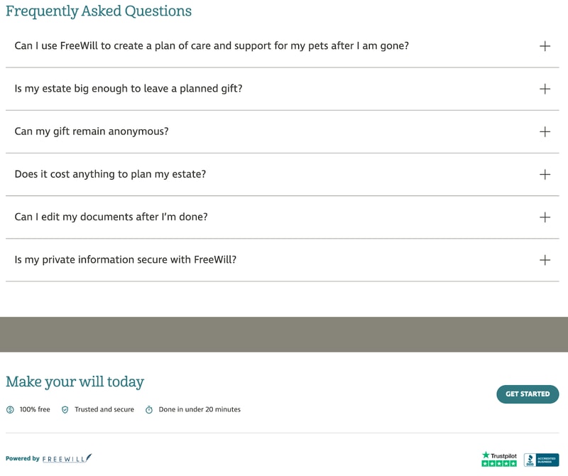 screenshot of the FAQ section and free will creation tool of the Humane Society of Pikes Park Region's charitable giving microsite