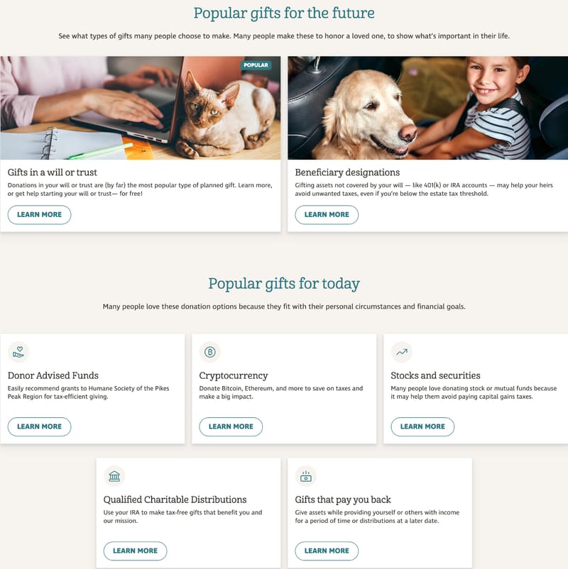 screenshot of the "popular gifts" sections on the Humane Society of Pikes Park Region's charitable giving microsite