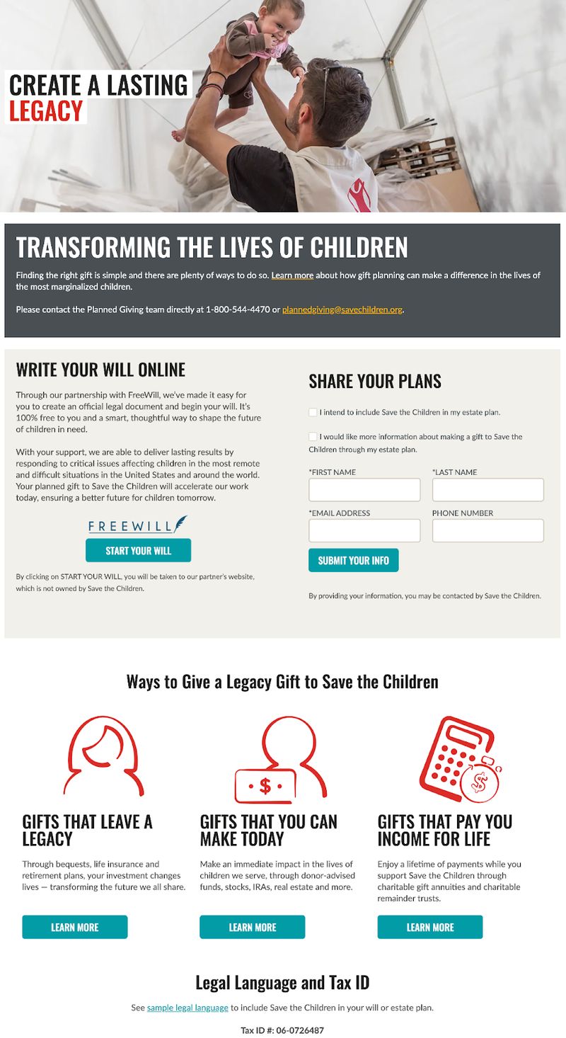 screenshot of nonprofit Save the Children's legacy giving page featuring a photo of a smiling toddler, a simple contact form, and links to options for providing a legacy gift