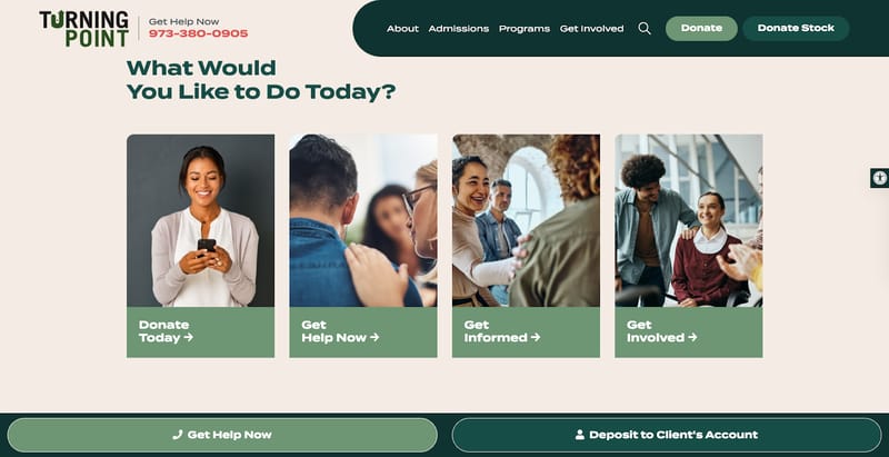 screenshot of nonprofit website Turning Point's four home page calls-to-action