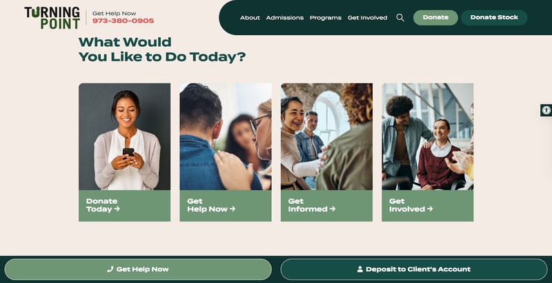 screenshot of nonprofit website Turning Point's four home page calls-to-action