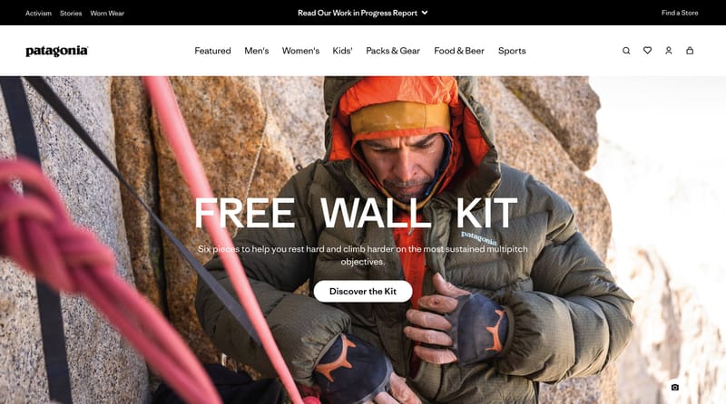Patagonia homepage navigation with seven clean category labels, utility icons in the top right, and a secondary bar for brand content