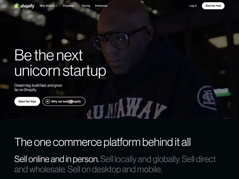 Shopify homepage hero section with a bold headline, single primary call-to-action button, and clean layout focused on one clear goal