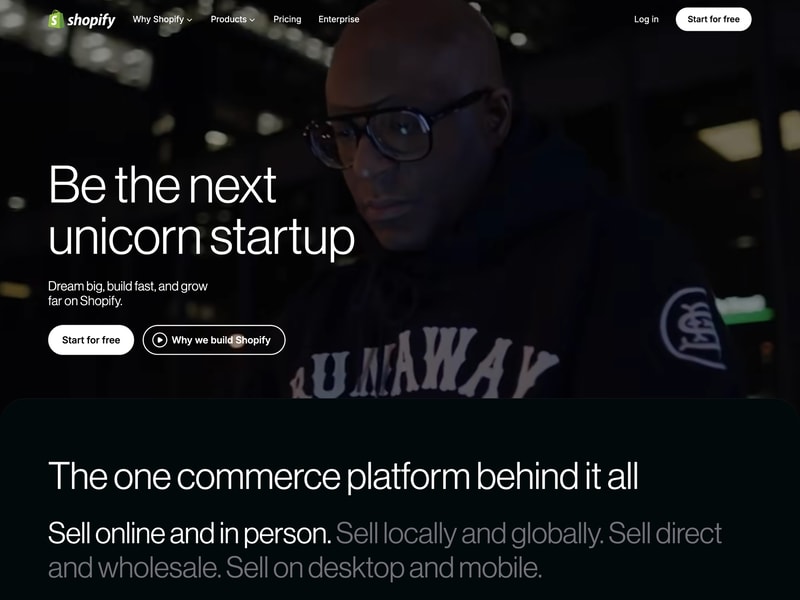Shopify homepage hero section with a bold headline, single primary call-to-action button, and clean layout focused on one clear goal