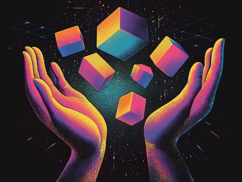 handing holding various shapes that represent website features 