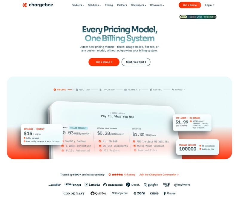 Chargebee homepage hero section showing a solid orange Get a Demo primary button next to an outline-style Start Free Trial secondary button