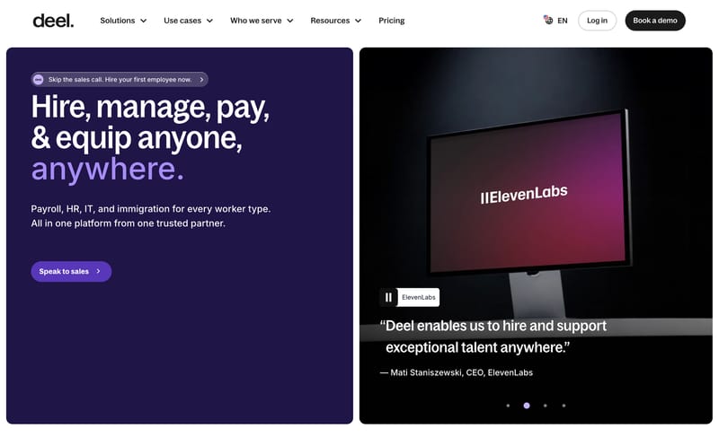 Deel homepage hero section showing a Speak to Sales call-to-action button alongside a customer testimonial from ElevenLabs CEO and multiple CTA entry points in the navigation