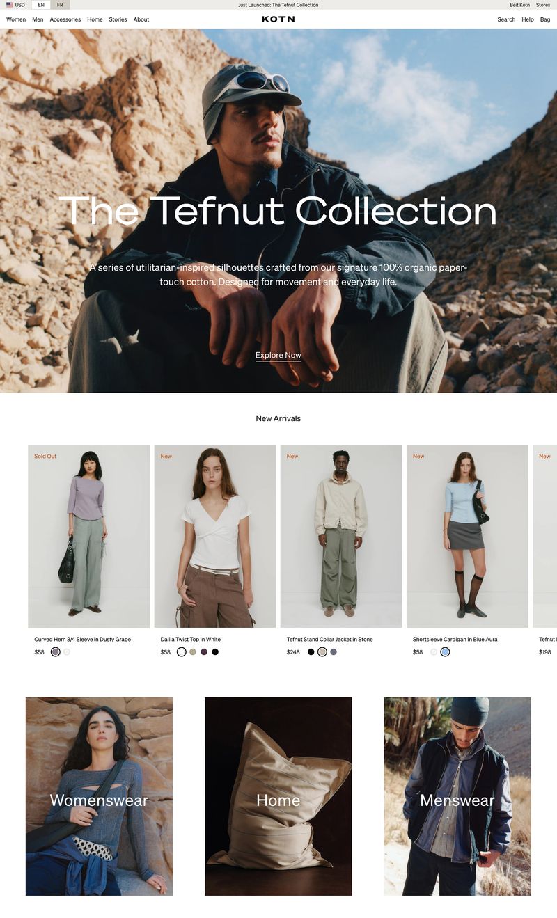Kotn homepage showing The Tefnut Collection hero with an Explore Now call-to-action button over editorial photography followed by a curated product grid