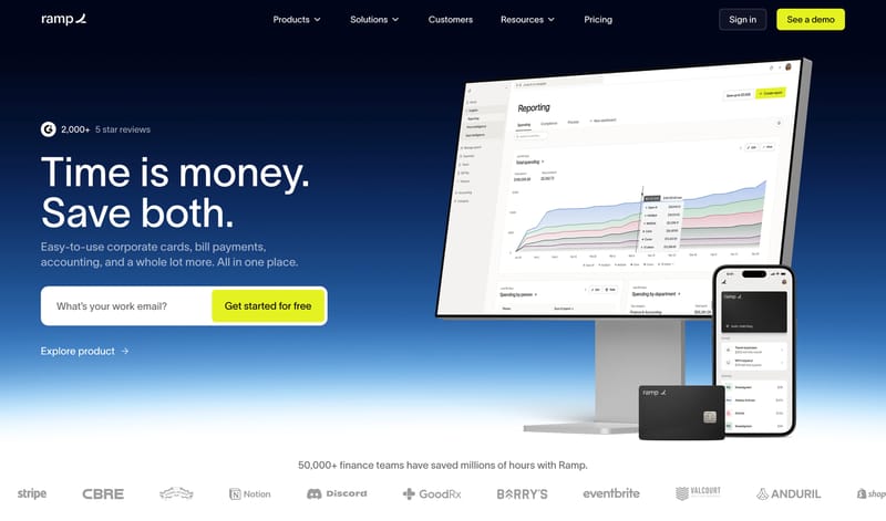 Ramp homepage hero section showing a primary Get Started for Free button with email capture field and a secondary Explore Product text link beneath