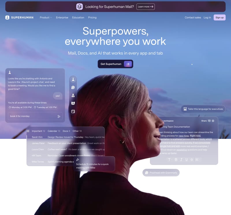 Superhuman homepage hero section showing a single Get Superhuman call-to-action button centered against a clean minimal design with product interface screenshots