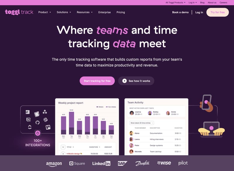 Toggl Track homepage hero section showing a Start Tracking for Free primary call-to-action button alongside a See How It Works secondary button