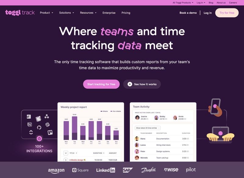 Toggl Track homepage hero section showing a Start Tracking for Free primary call-to-action button alongside a See How It Works secondary button