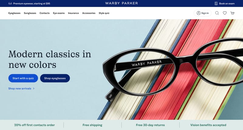 Warby Parker homepage hero section showing a solid blue Start with a Quiz button next to an outline Shop Eyeglasses button with product photography and a trust signal bar below
