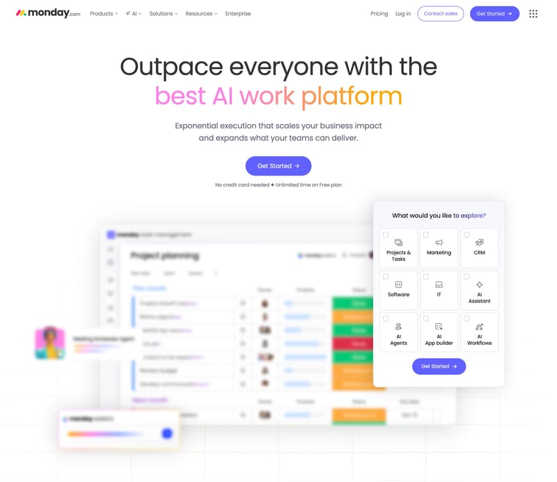 Monday.com homepage hero section with an outcome-focused headline, supporting text, call-to-action button, and product interface preview.