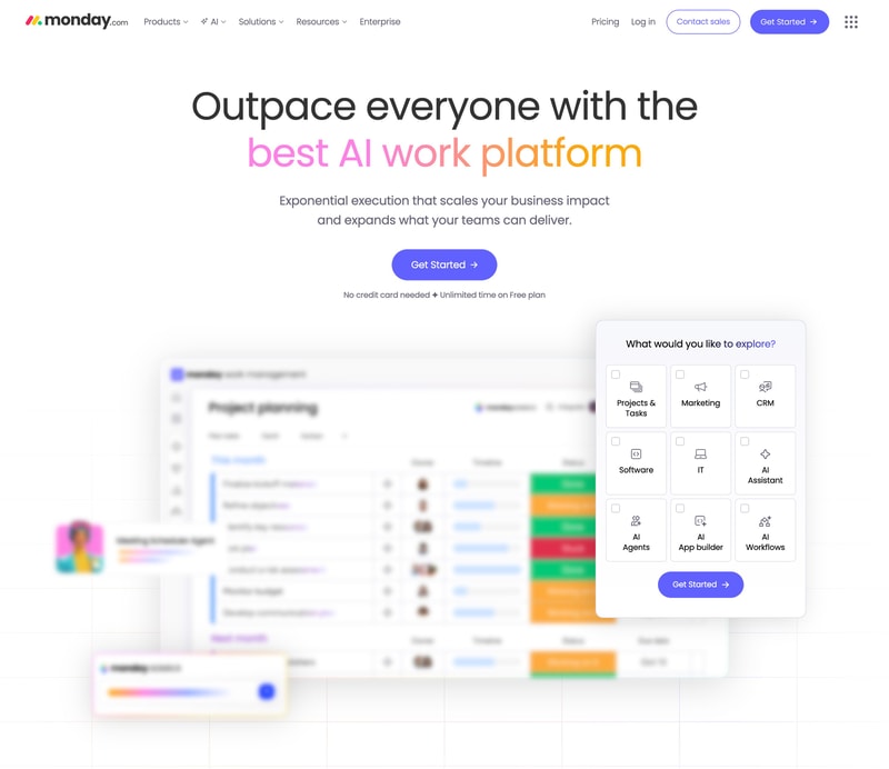 Monday.com homepage hero section with an outcome-focused headline, supporting text, call-to-action button, and product interface preview.