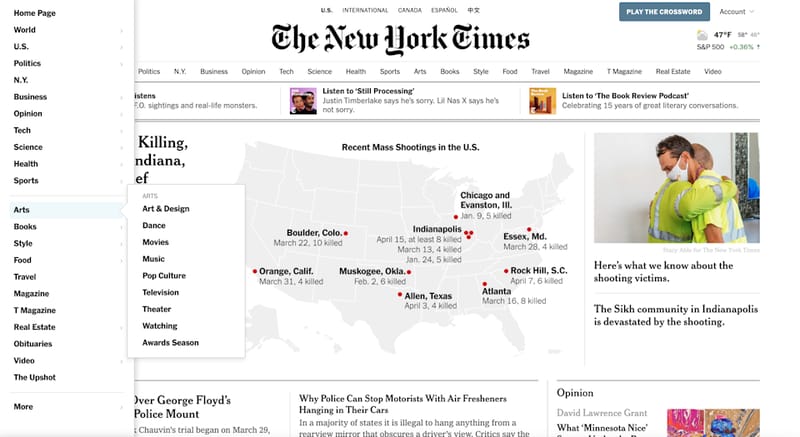 New York Times full dropdown menu example