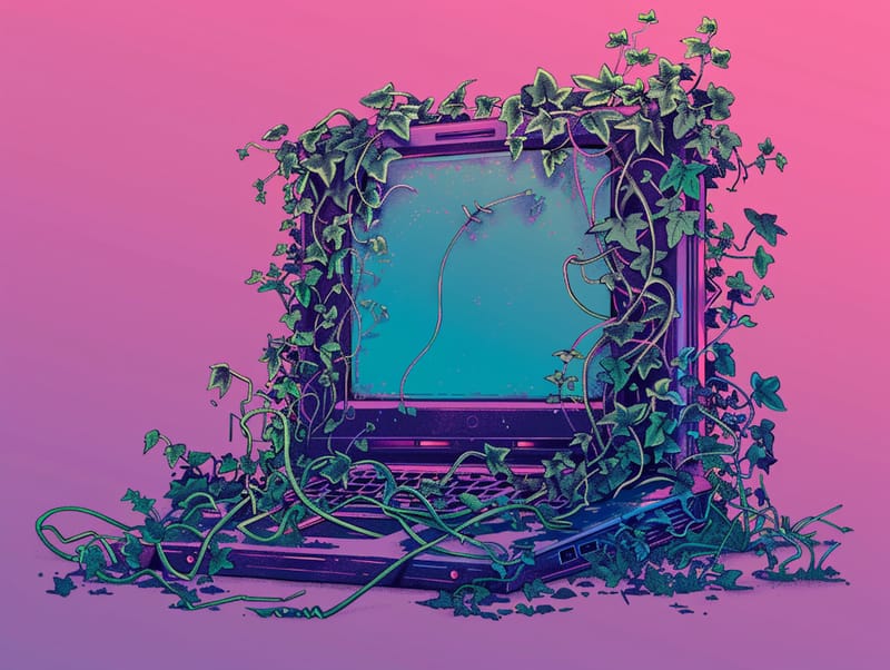 Old laptop overgrown with vines