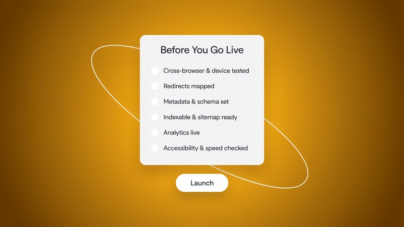 A pre-launch verification checklist for a website redesign with six items and a launch button